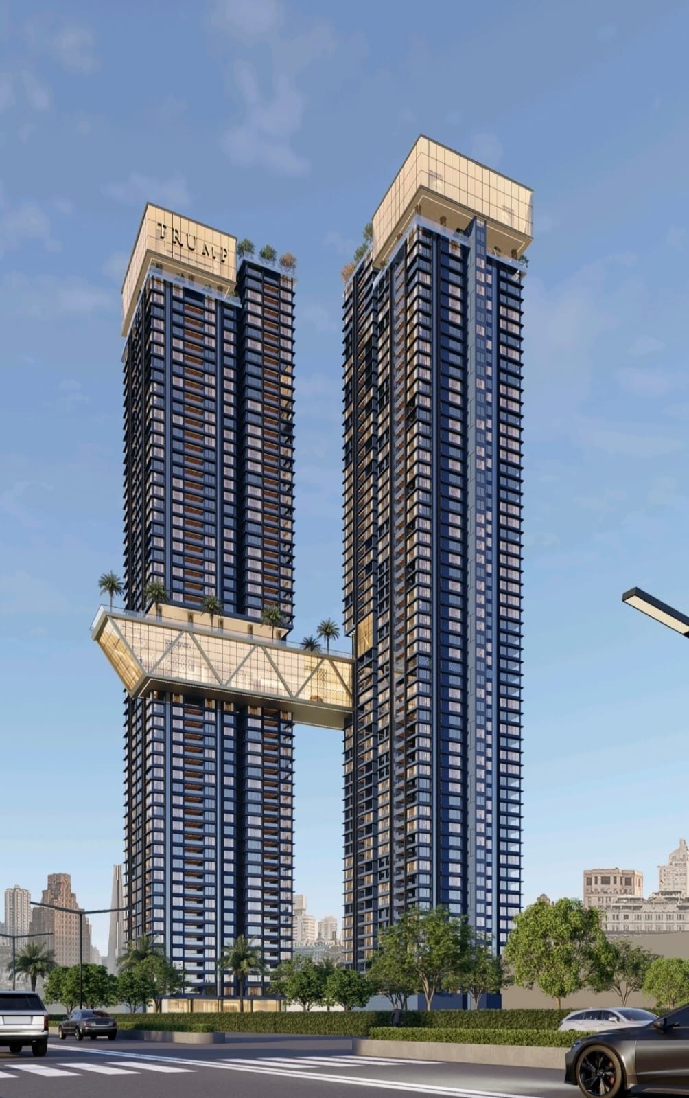 Trump Towers Hyderabad — twin towers connected by a sky bridge, daytime elevation