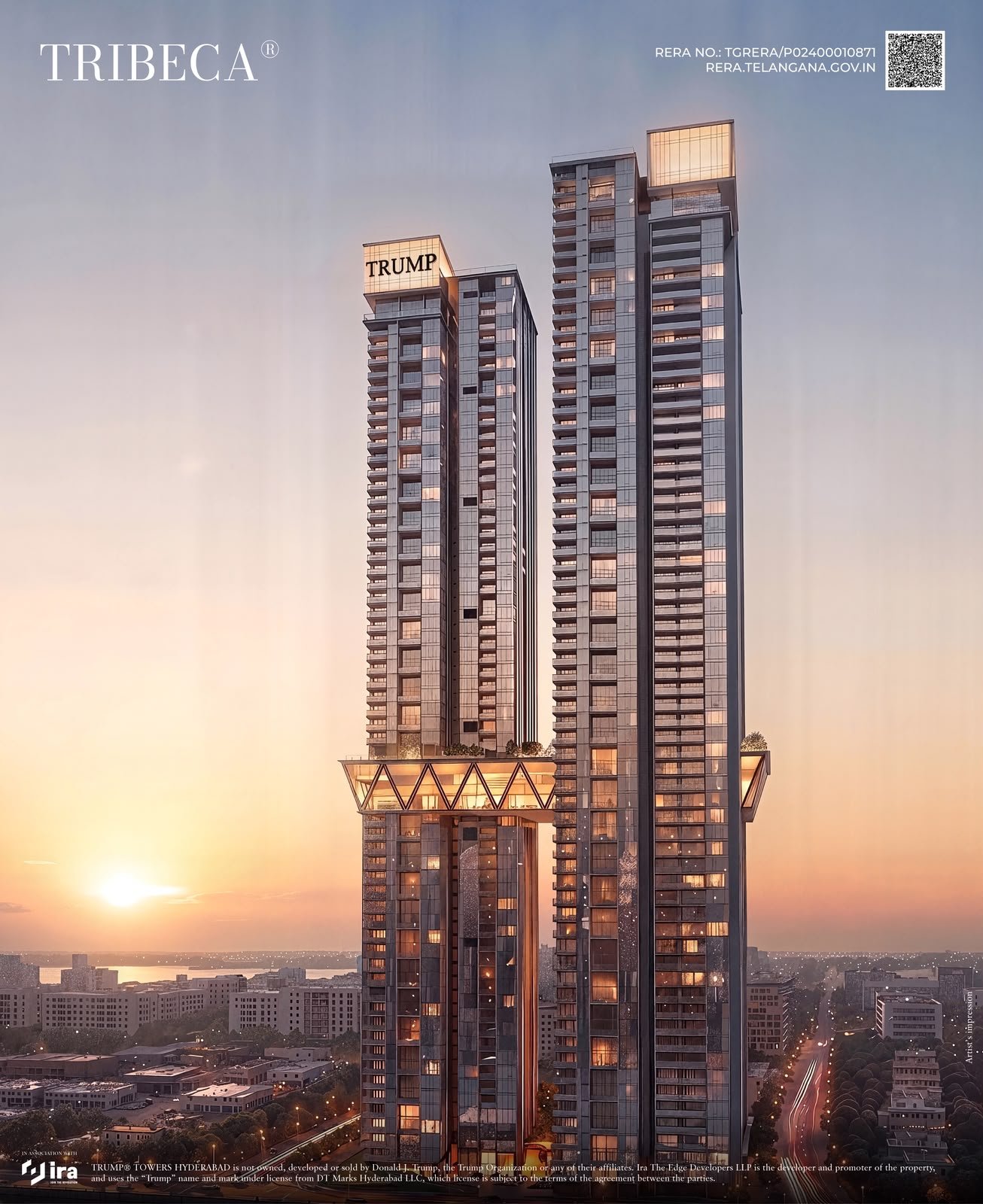 Trump Towers Hyderabad — twin towers connected by a sky bridge, artist's impression